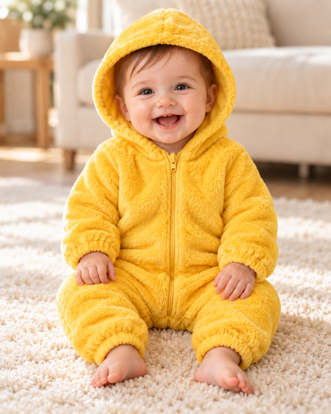 Yellow hooded onesie on a baby